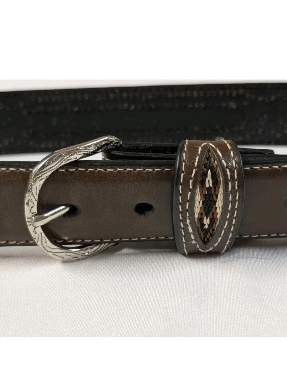 Nocona Belt Size 28 Brown Black Leather Western Woven Aztec Inlay Silver Concho